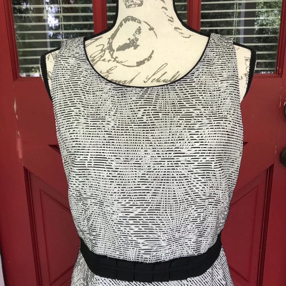 Antonio Melani Sleeveless Black White Lined Grosgrain Waist Shift Dress Size 8 - Picture 5 of 13
